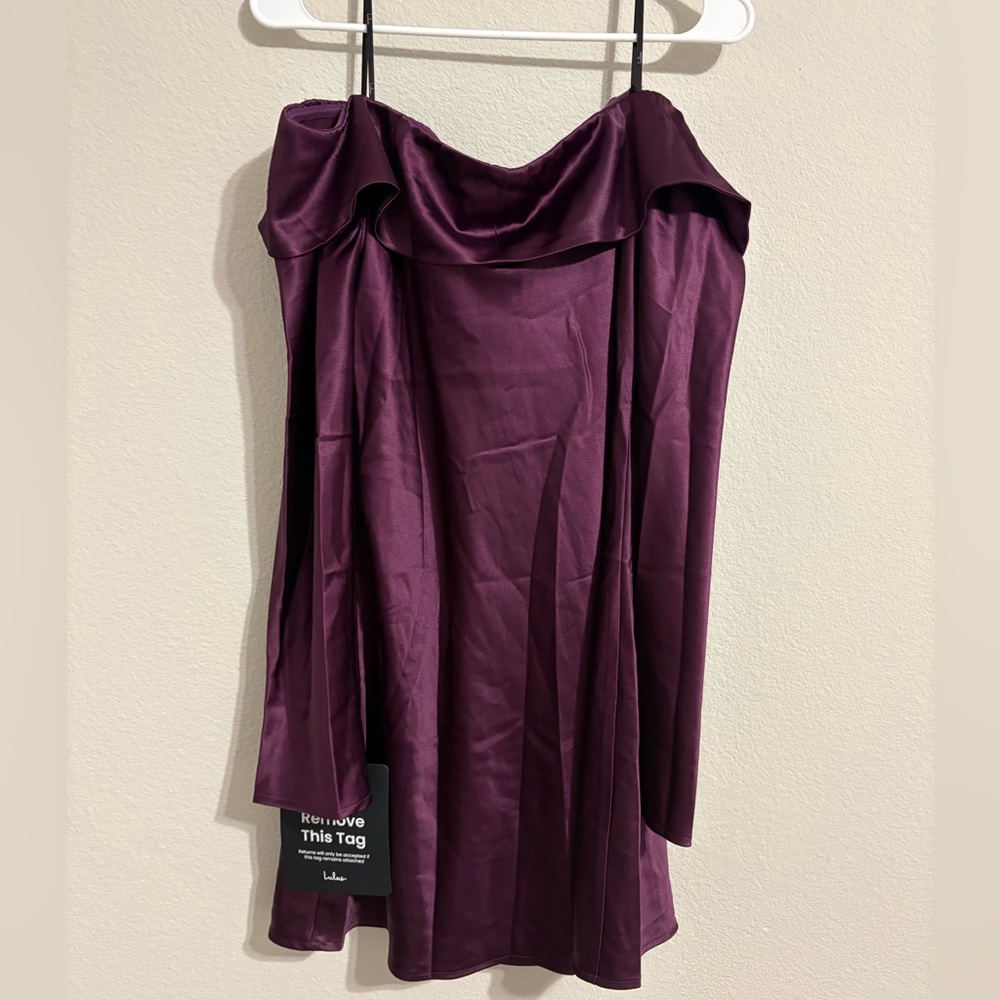 Lulu's Off-the-Shoulder Satin Mini Dress in Plum - Picture 3 of 5